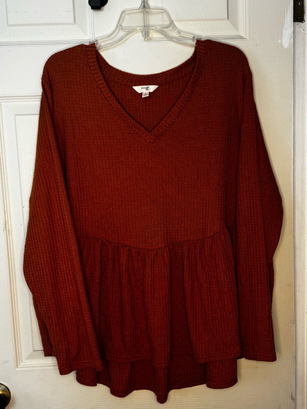 Rusted Orange V-Neck Peplum Knit Top - XXL
